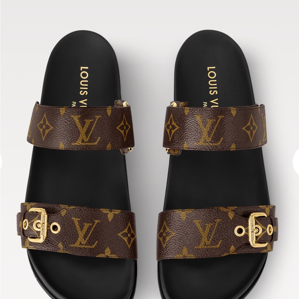 Louis Vuitton Brown and Gold Monogram Slides
